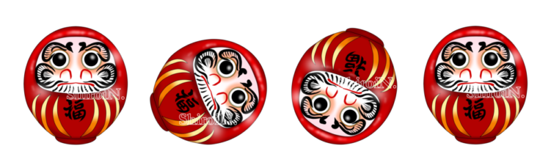 縁起物の置物である赤いだるまが起き上がりこぼしとして転がるCG画像